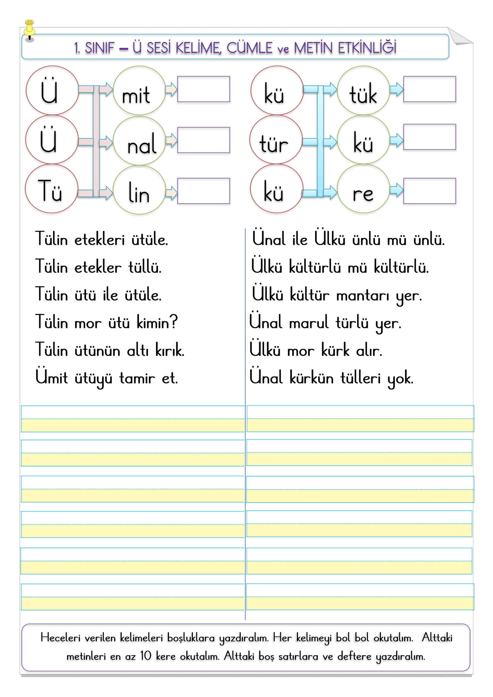 1.Sınıf  Ü sesi kelime, cümle ve metin etkinliği