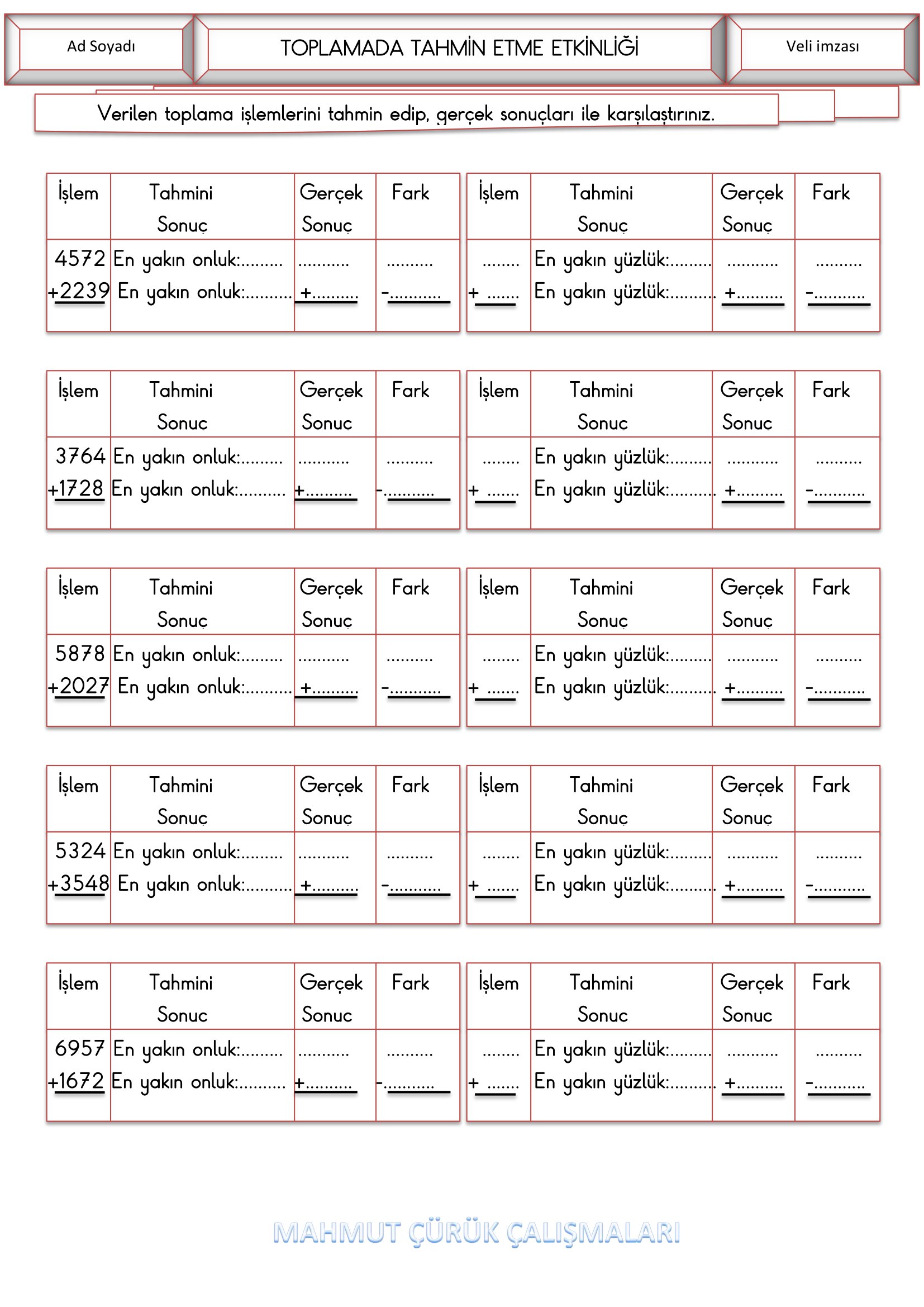 4.Sınıf - Matematik Toplamada Tahmin Etme Etkinliği