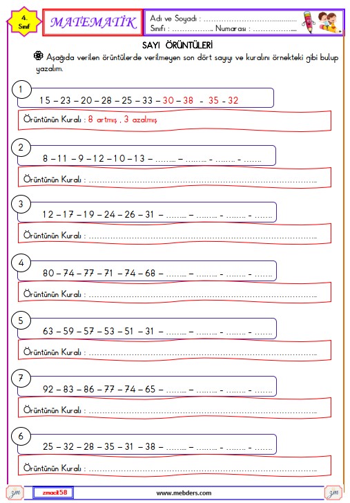 4. Sınıf Matematik Sayı Örüntüleri Etkinliği 2