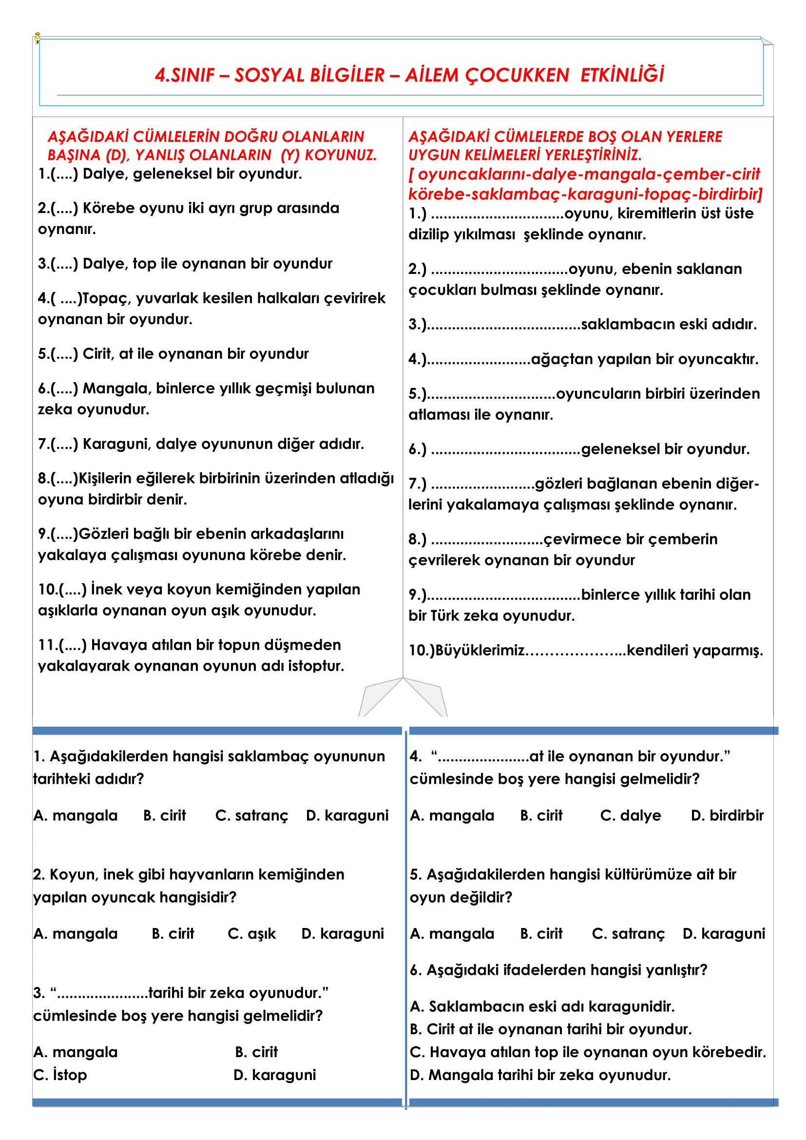 4.Sınıf - Sosyal Bilgiler - Ailem Çocukken Etkinliği