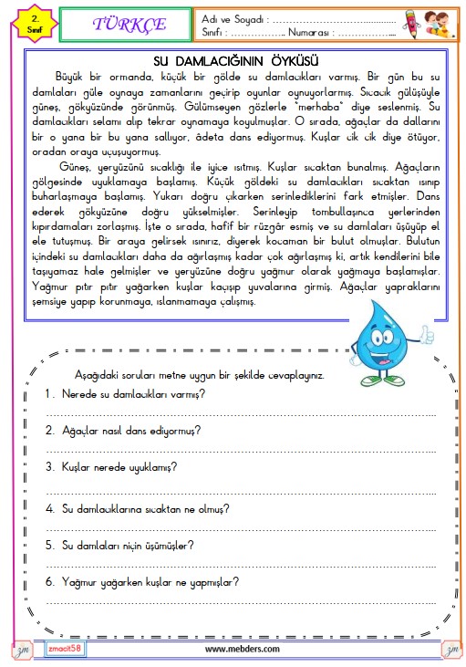 2. Sınıf Türkçe Okuma ve Anlama Metni Etkinliği (Su Damlacığının Öyküsü)