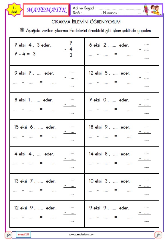 1. Sınıf Matematik Çıkarma İşlemi Etkinliği 11