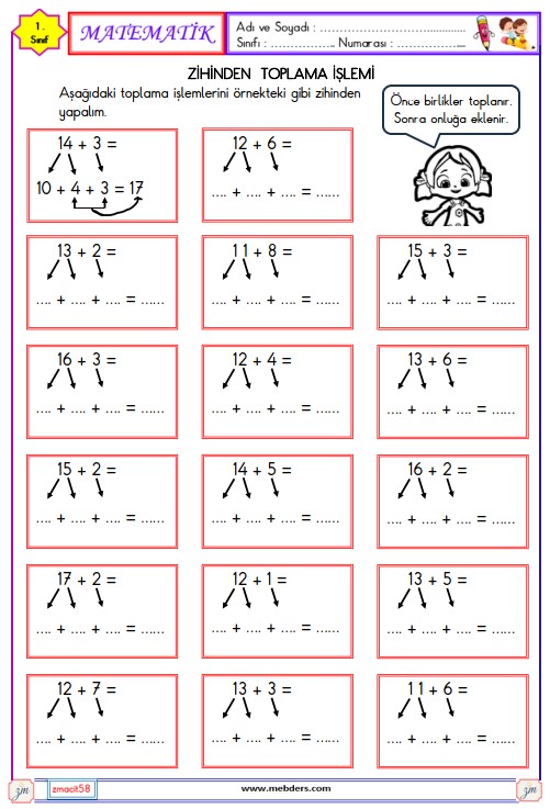 1. Sınıf Matematik Zihinden Toplama İşlemi Etkinliği 3