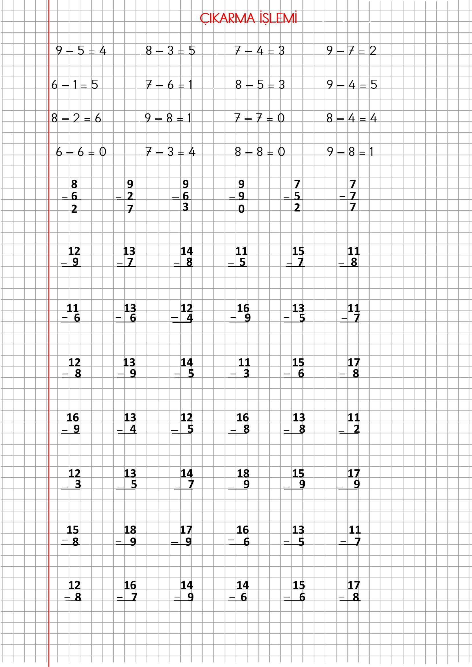 1.Sınıf Matematik Kareli Defterde Çıkarma İşlemi Etkinliği