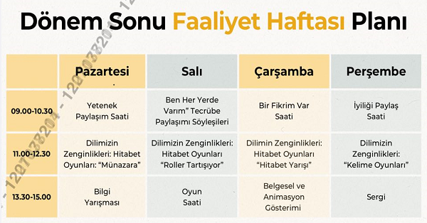 Dönem Sonu Faaliyet Haftası Planı