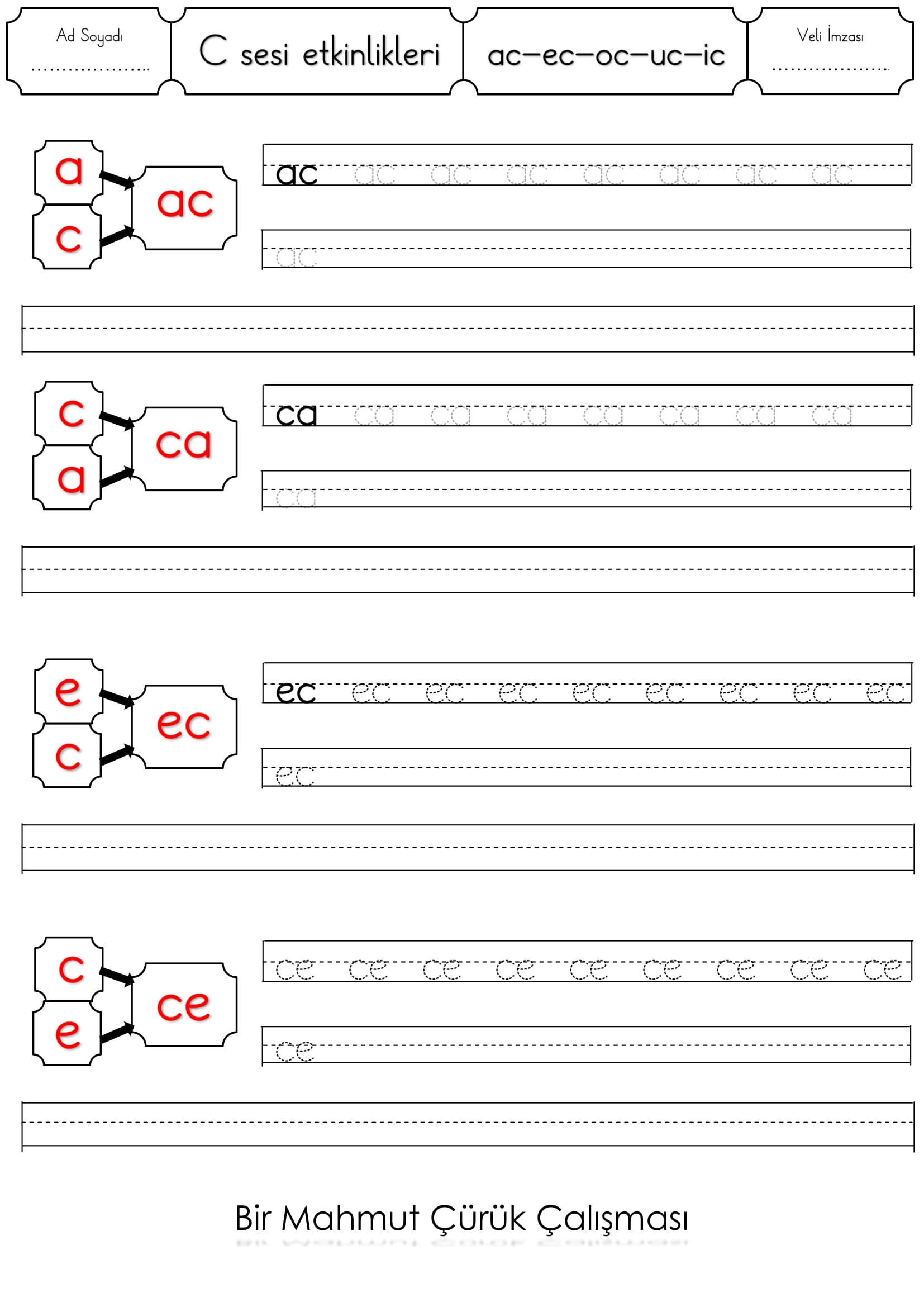 1.Sınıf İlk Okuma Yazma C Sesi ac-ec-ic-uc-ıc Etkinliği