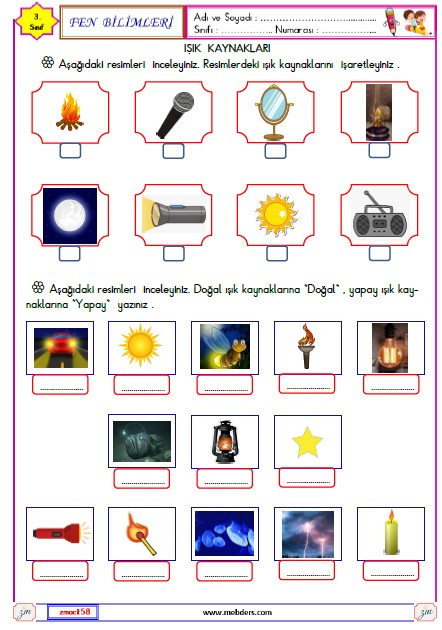 3. Sınıf Fen Bilimleri Işık Kaynakları Etkinliği