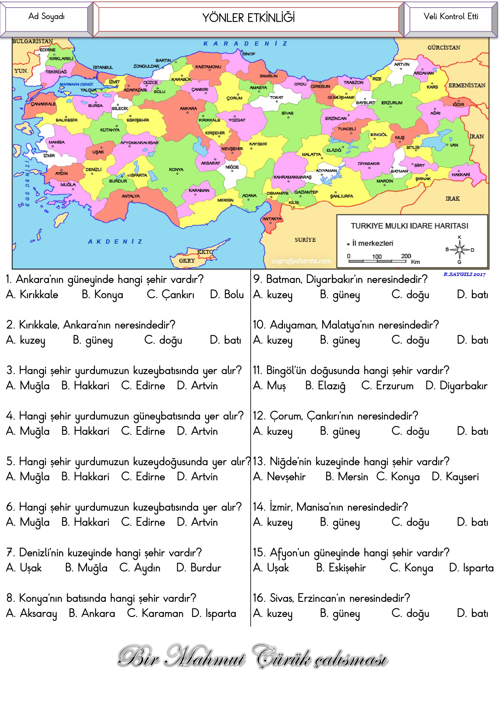 4.Sınıf Sosyal Bilgiler Yönler Etkinliği