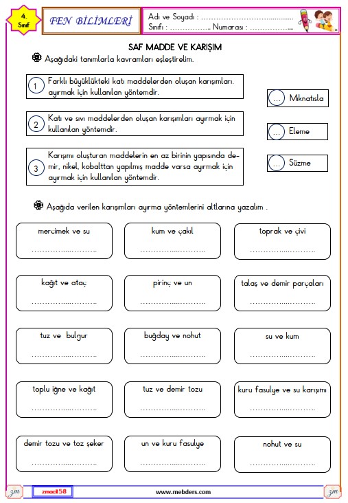 4. Sınıf Fen Bilimleri Saf Madde ve Karışım Etkinliği 7