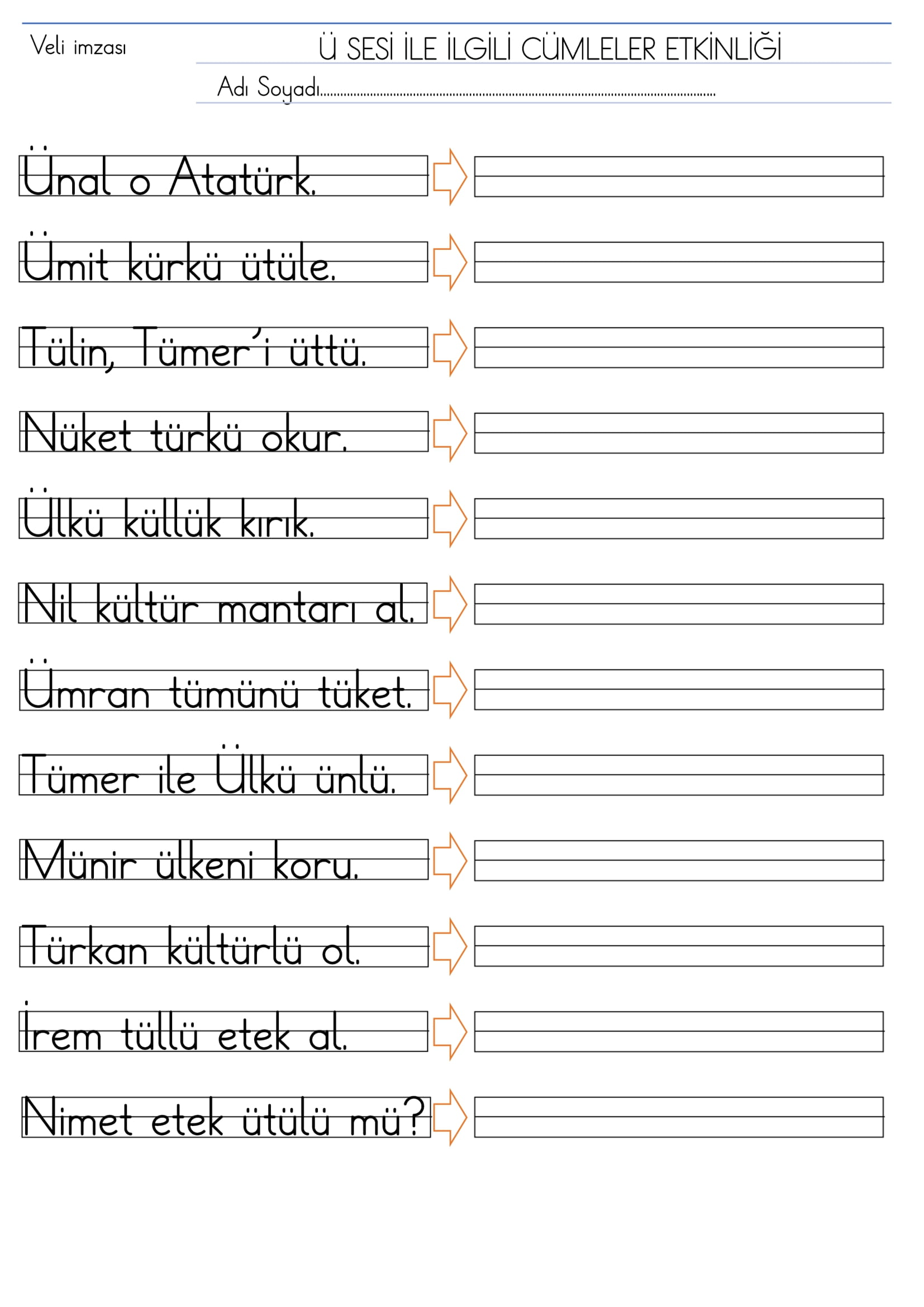 1.Sınıf Ü Sesi Cümleler Etkinliği