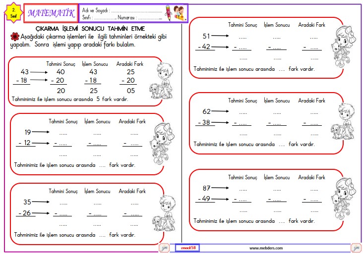 2. Sınıf Matematik Çıkarma İşlemi Sonucu Tahmin Etme Etkinliği 1