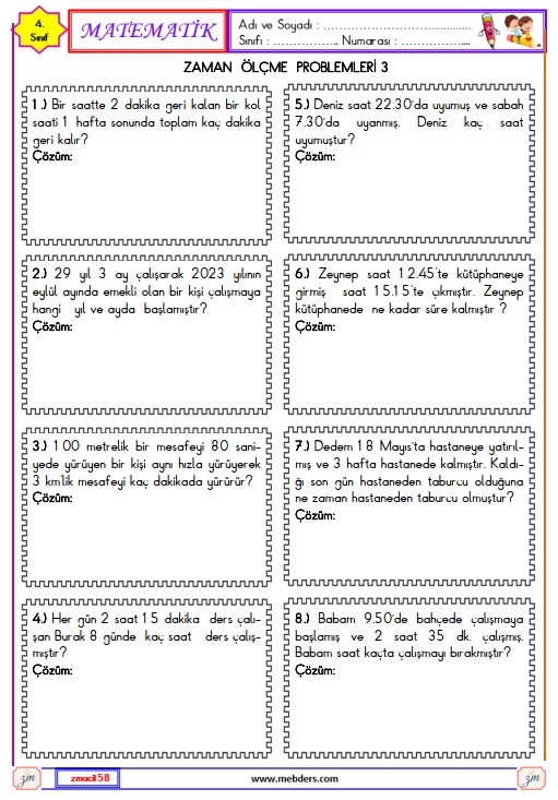 4. Sınıf Matematik Zaman Ölçme Problemleri Etkinliği 10