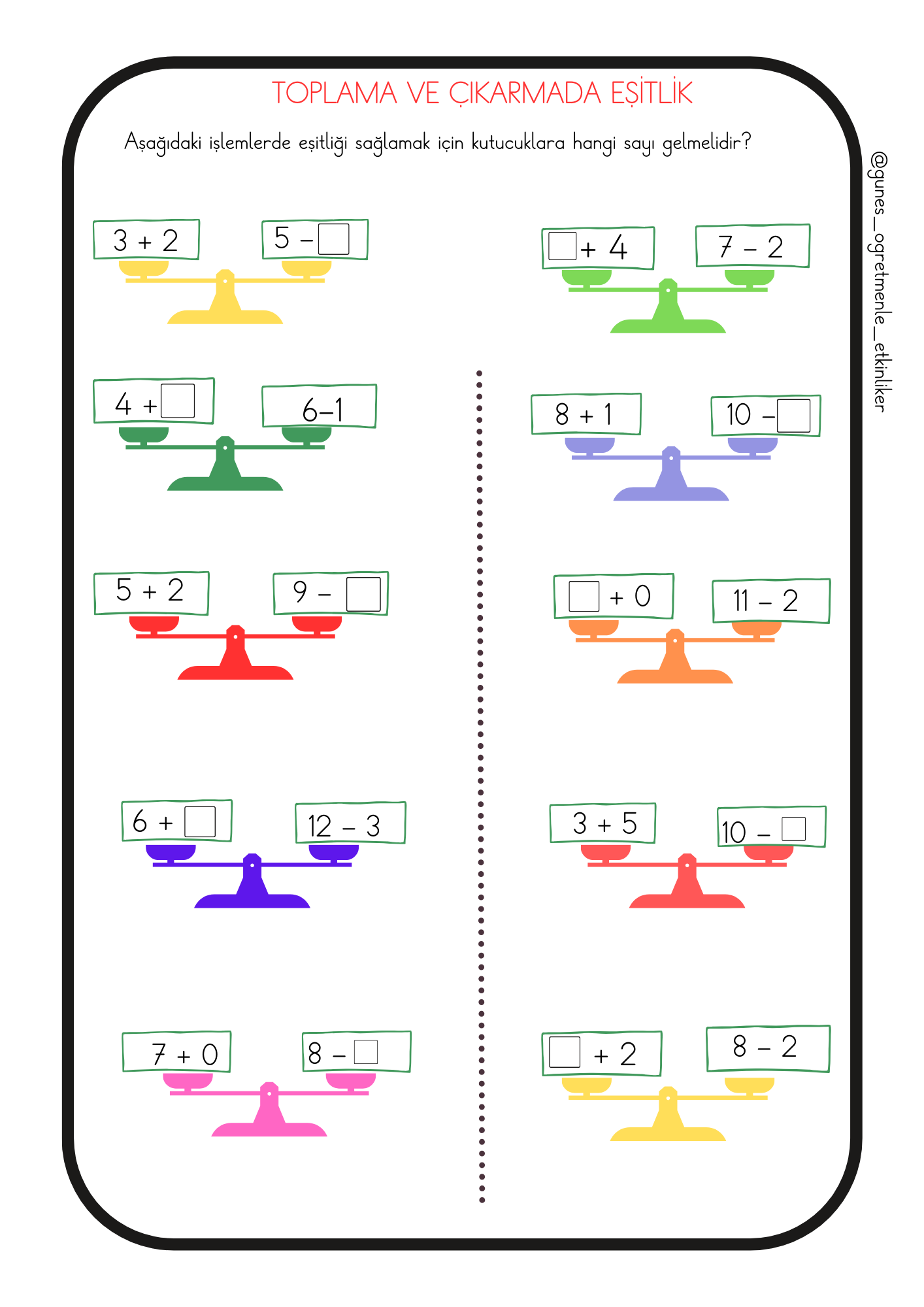 1.Sınıf Matematik Toplama ve Çıkarma Eşitlik Konusu