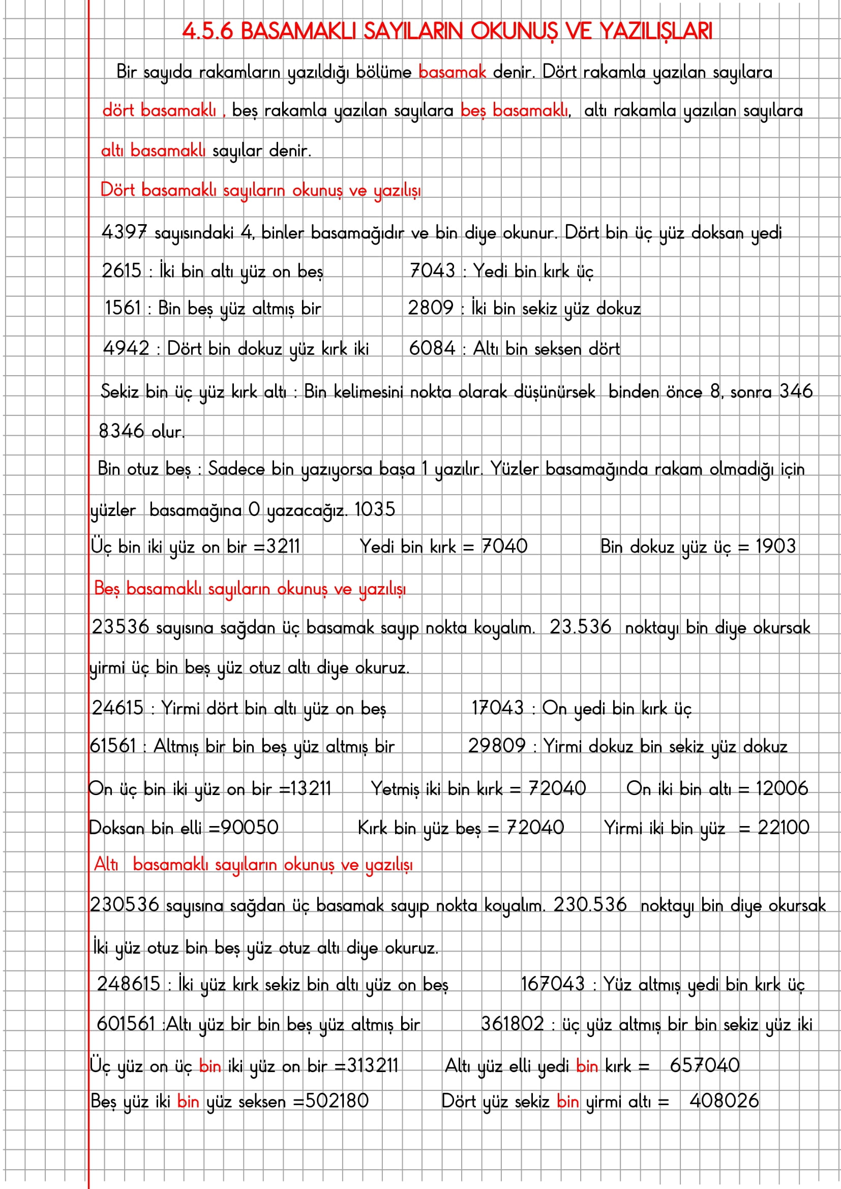 4.Sınıf Matematik Kareli Defterde 4.5.6 Basamaklı Sayıların Okunuş ve Yazılışları Konu Anlatımı