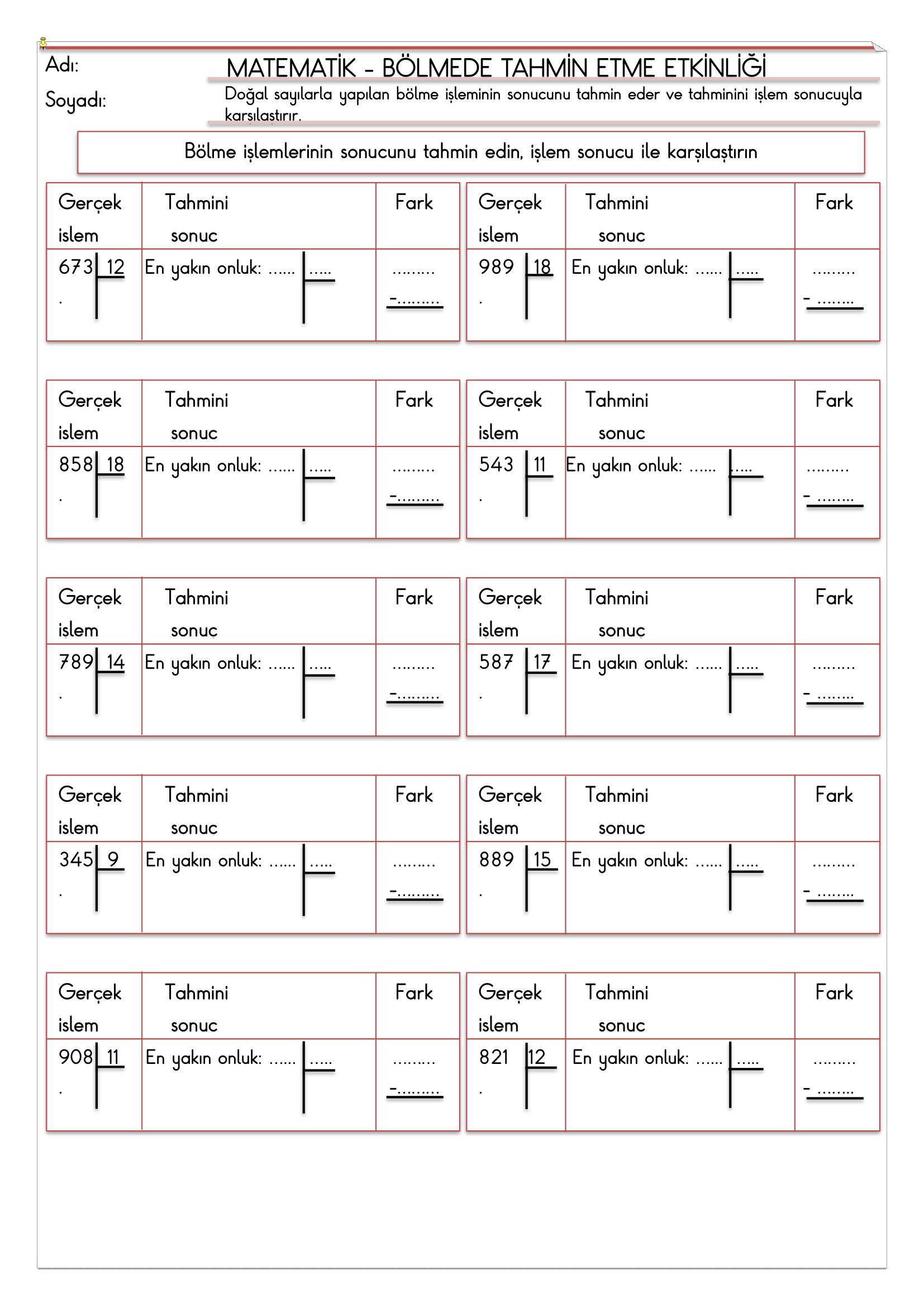 4.Sınıf - Matematik Bölmede Tahmin Etme Etkinliği