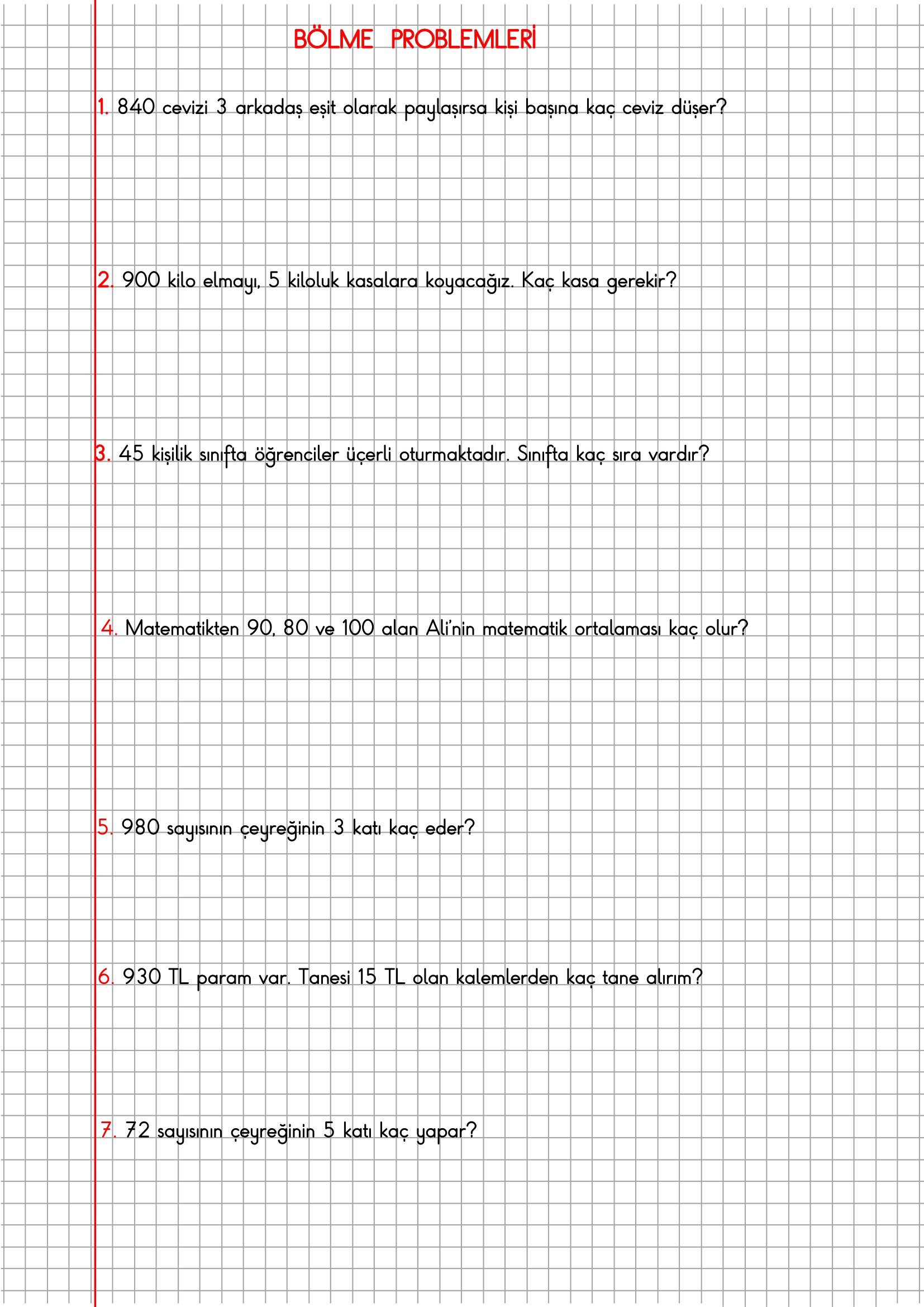 4.Sınıf Matematik Kareli Defterde Bölme Problemleri