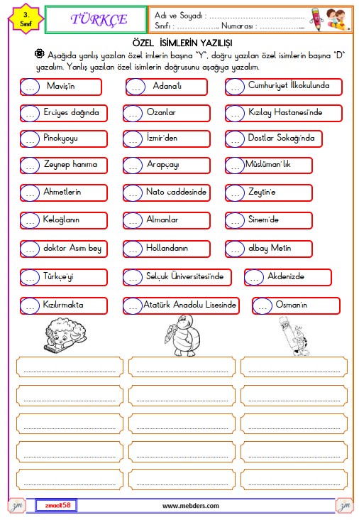 3. Sınıf Türkçe Özel İsimlerin Yazılışı Etkinliği 1