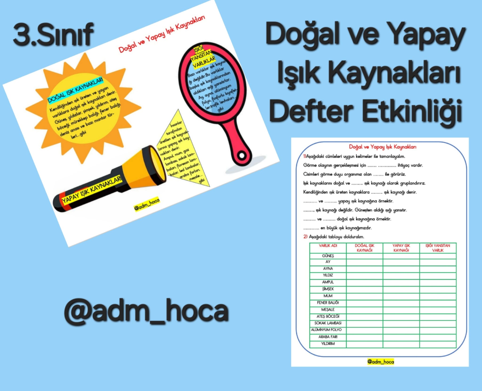 3. Sınıf - Doğal ve Yapay Işık Kaynakları Defter Etkinliği