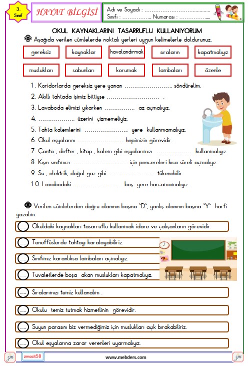 3. Sınıf Hayat Bilgisi Okul Kaynaklarını Tasarruflu Kullanıyorum Etkinliği