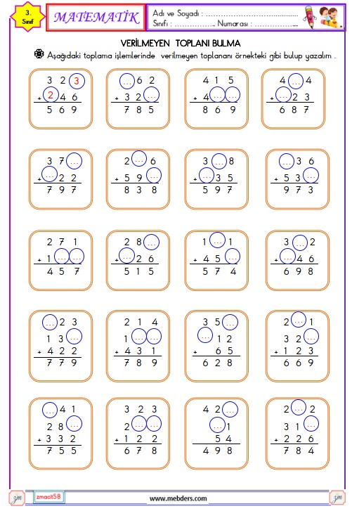 3. Sınıf Matematik Verilmeyen Toplananı Bulma Etkinliği 3