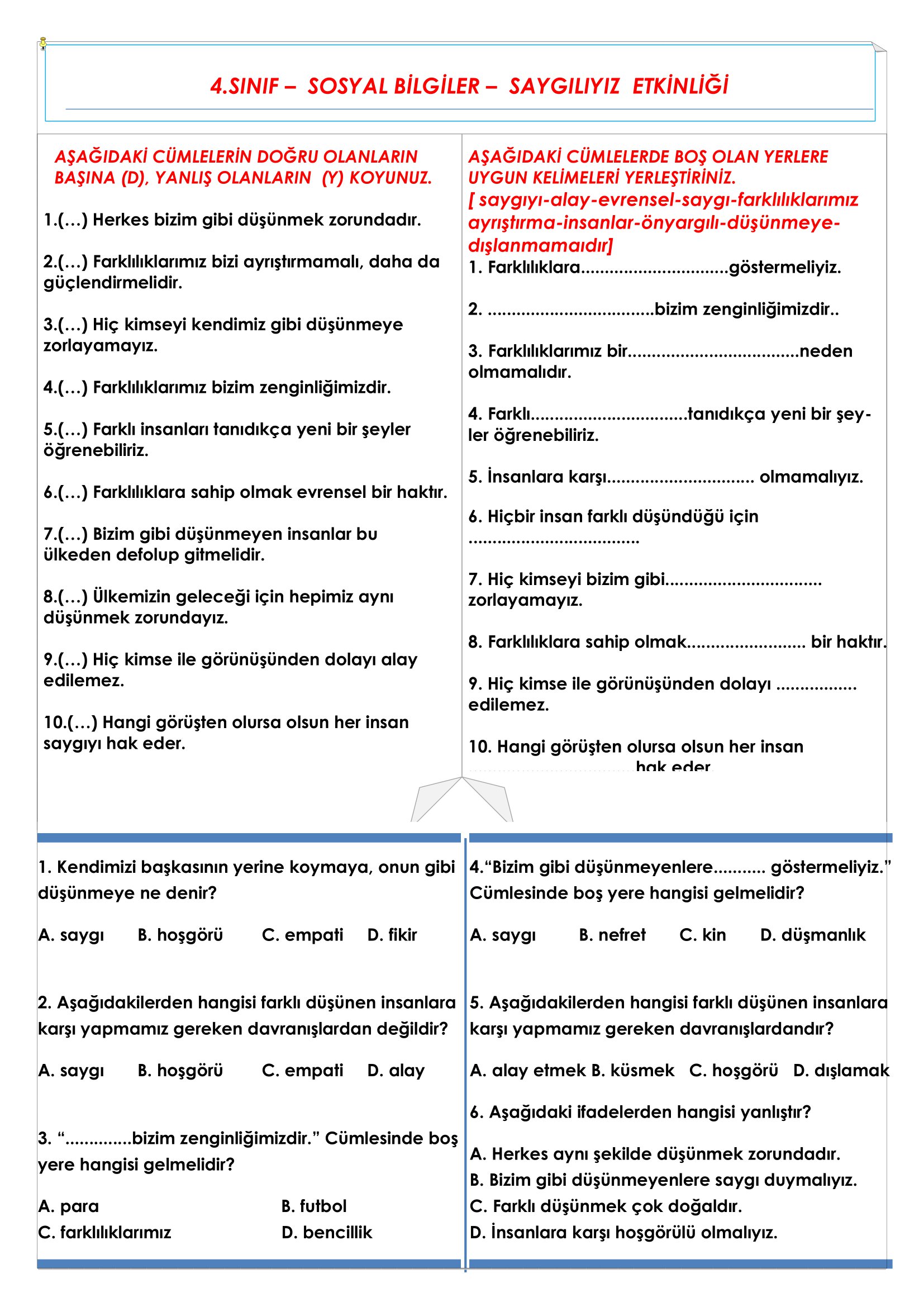 4.Sınıf - Sosyal Bilgiler - Saygılıyız Etkinliği