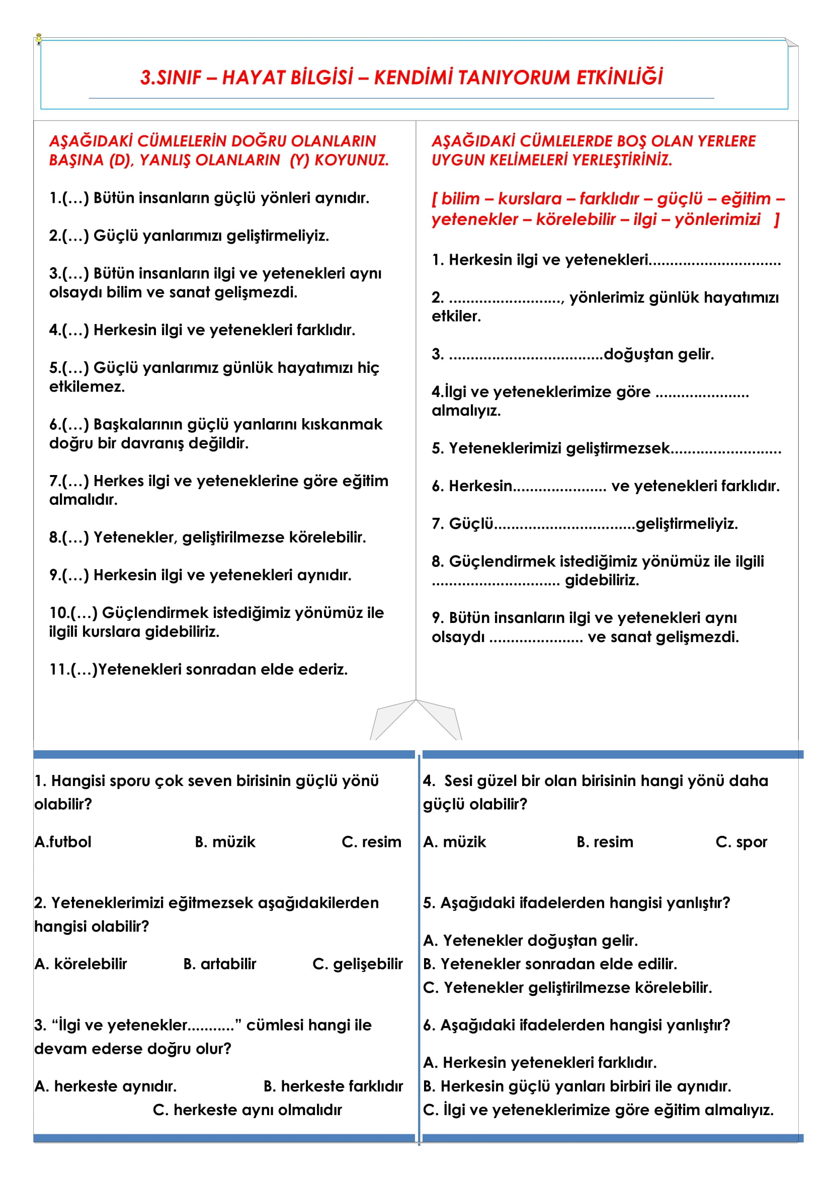 3.Sınıf - Hayat Bilgisi Kendimi Tanıyorum Defter Özeti