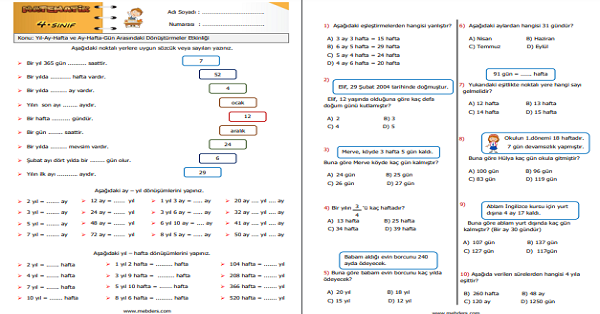 4.Sınıf Matematik Yıl-Ay-Hafta ve Ay-Hafta-Gün Arasındaki Dönüştürmeler Etkinliği 3