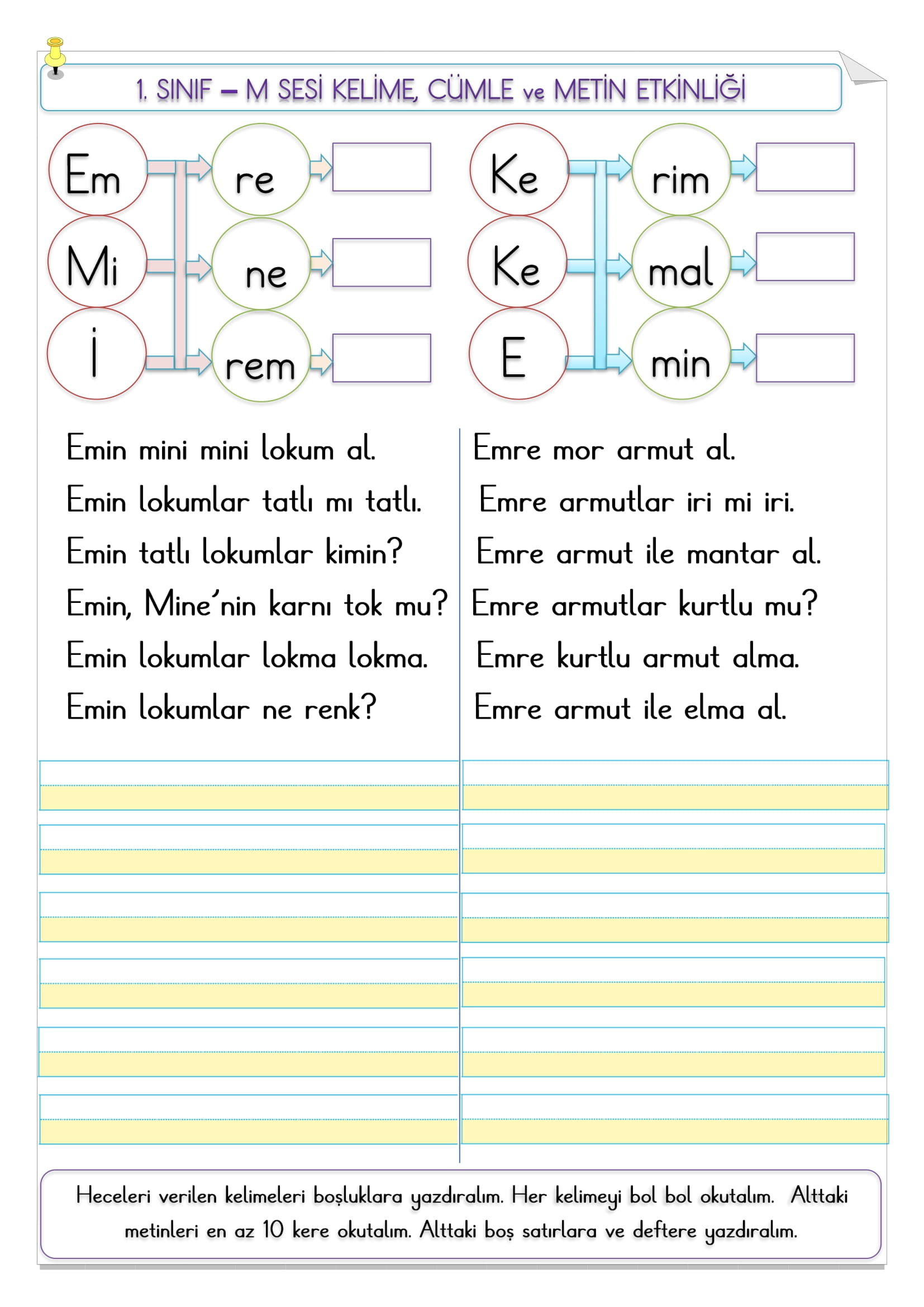 1.Sınıf  M sesi kelime, cümle ve metin etkinliği