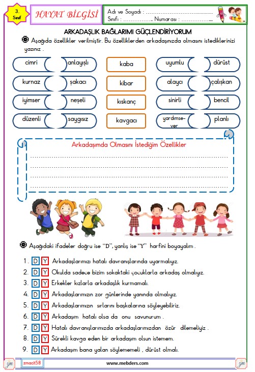 3. Sınıf Hayat Bilgisi Arkadaşlarım Değerlidir Etkinliği 1