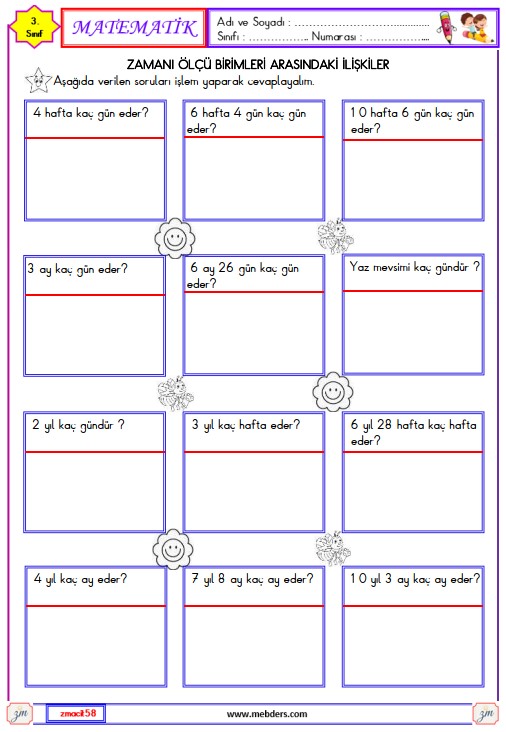 3. Sınıf Matematik Zaman Ölçü Birimleri Arasındaki İlişkiler Etkinliği 9