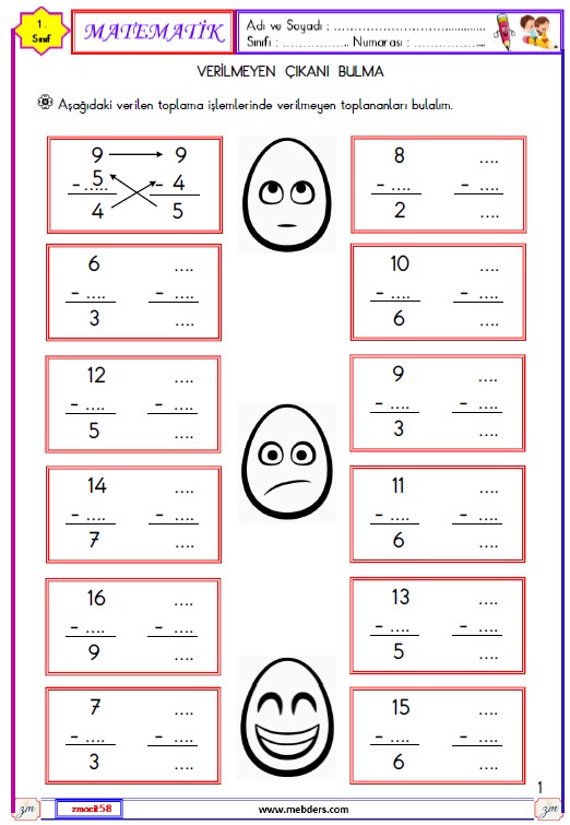 1. Sınıf Matematik Verilmeyen Çıkanı Bulma Etkinliği 3