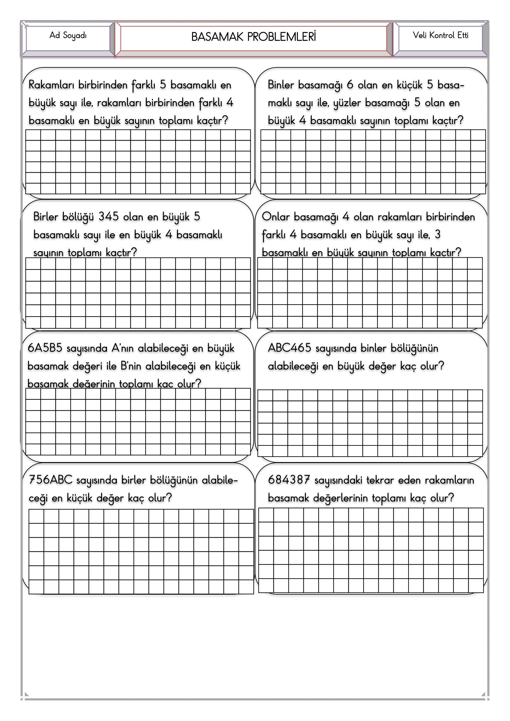 4.Sınıf - Matematik Basamak Problemleri