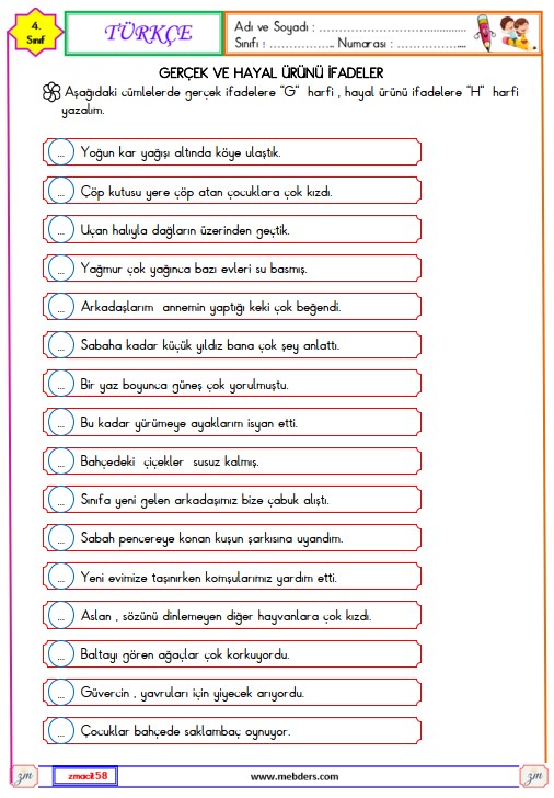 4. Sınıf Türkçe Gerçek ve Hayal Ürünü İfadeler Etkinliği