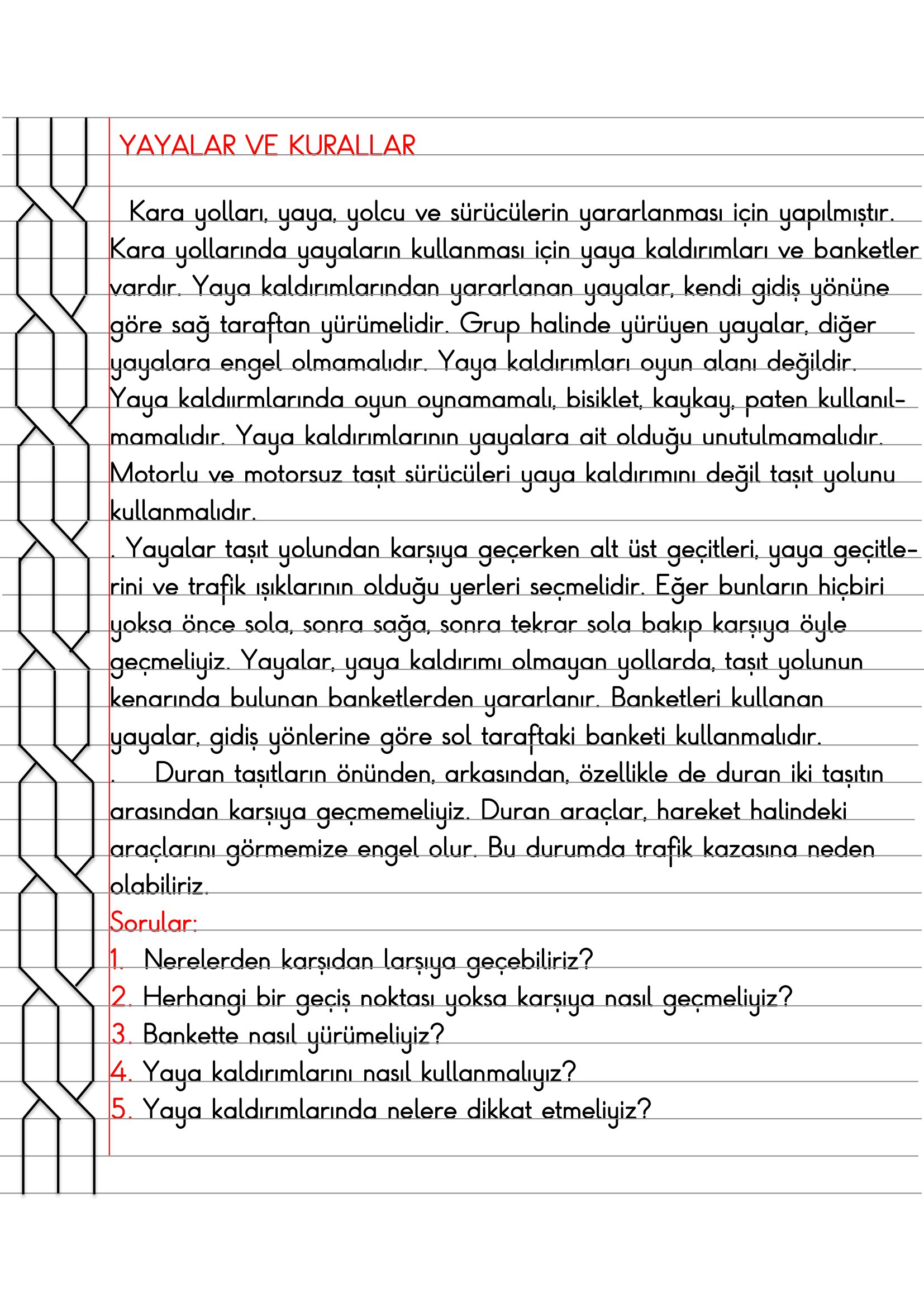 4.Sınıf Trafik Güvenliği Yayalar ve Kurallar Defter Özeti