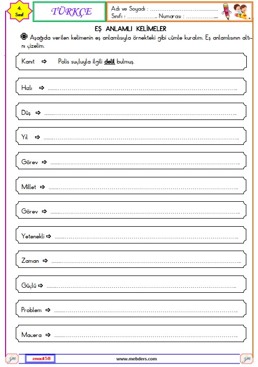 4. Sınıf Türkçe Eş Anlamlı Kelimeler Etkinliği 1