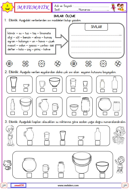 2. Sınıf Matematik Sıvıları Ölçme Etkinliği 1
