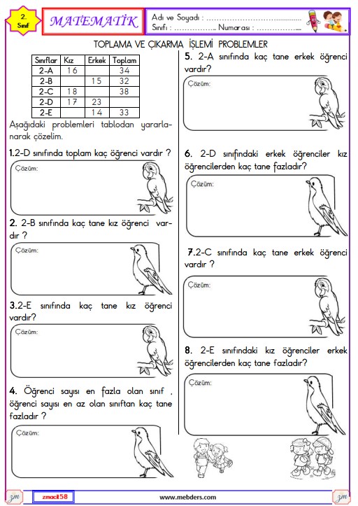 2. Sınıf Matematik Toplama ve Çıkarma İşlemleri Problemleri Etkinliği 6