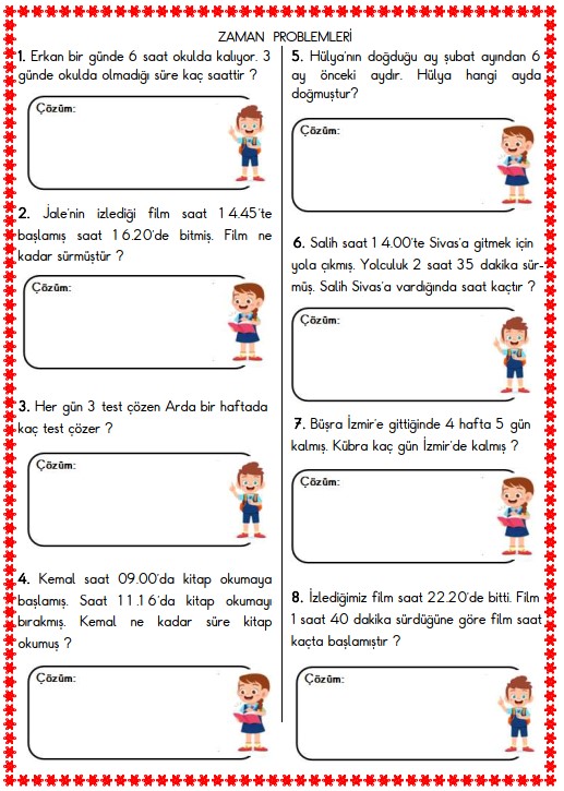 3. Sınıf Matematik Zaman Problemleri Etkinliği 9