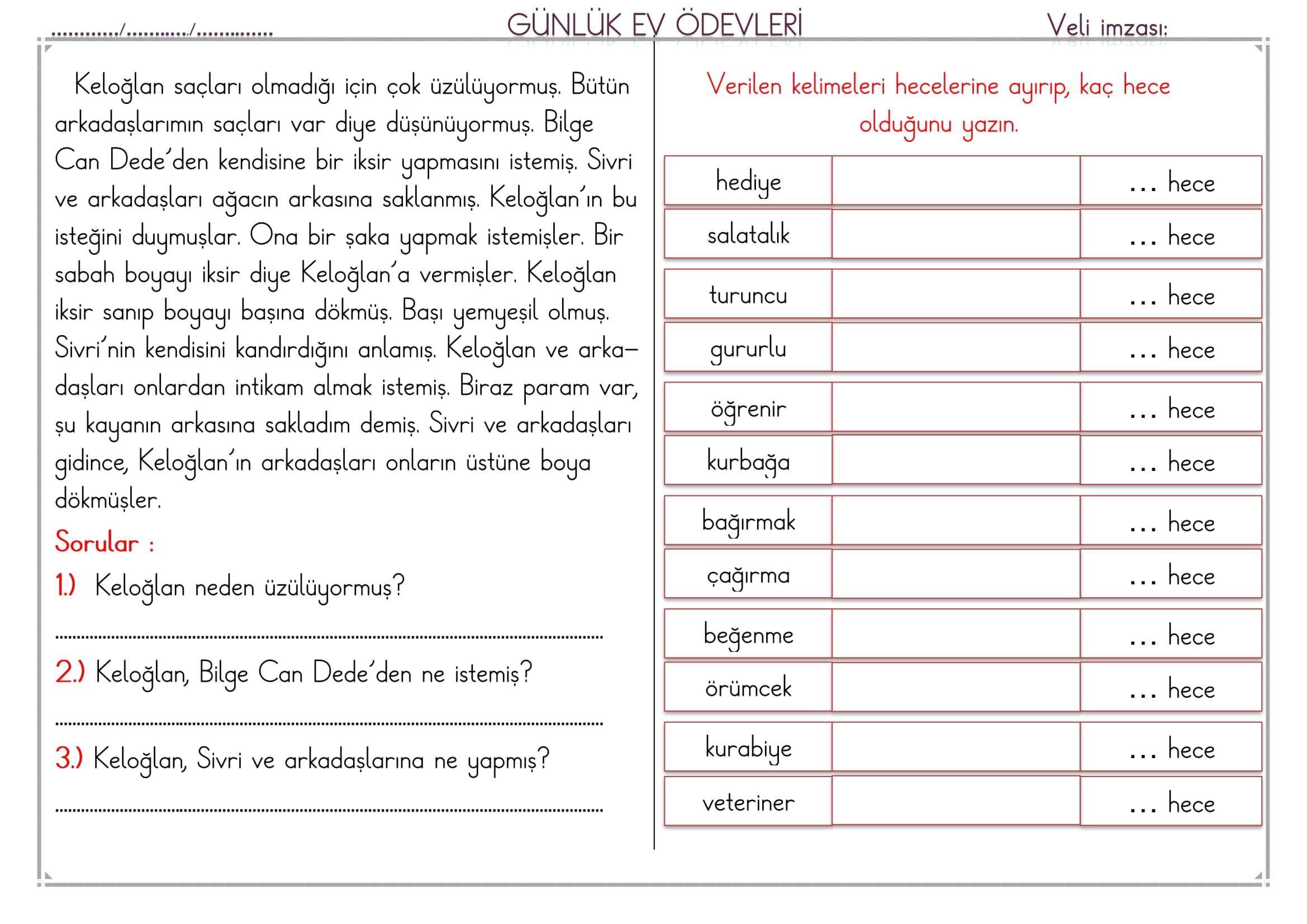 1.Sınıf 07 Mart 2025 Günlük Ev Ödevi