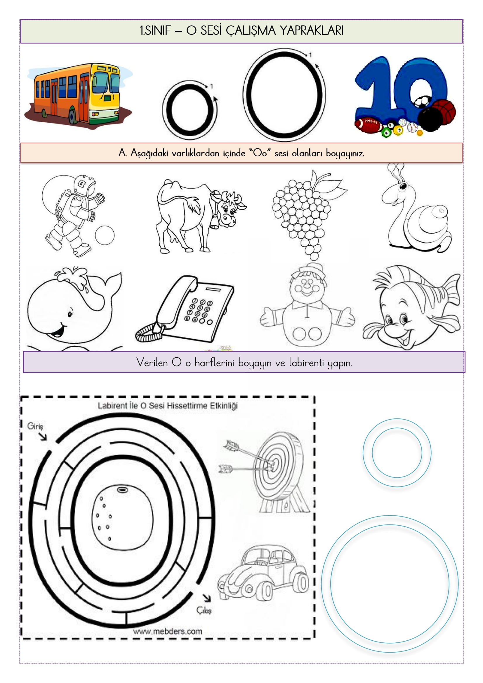 1.Sınıf İlk Okuma Yazma O Sesi Çalışma Yaprakları