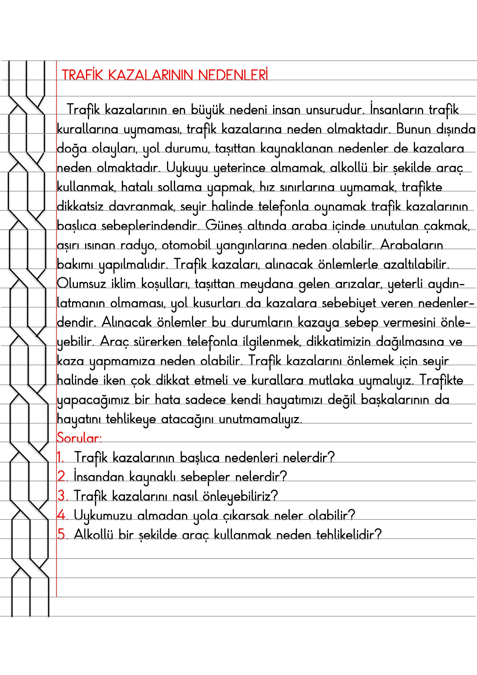 4.Sınıf Trafik Güvenliği Trafik Kazalarının Nedenleri Defter Özeti