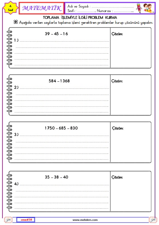 4. Sınıf Matematik Toplama İşlemi Problemleri Etkinliği 3