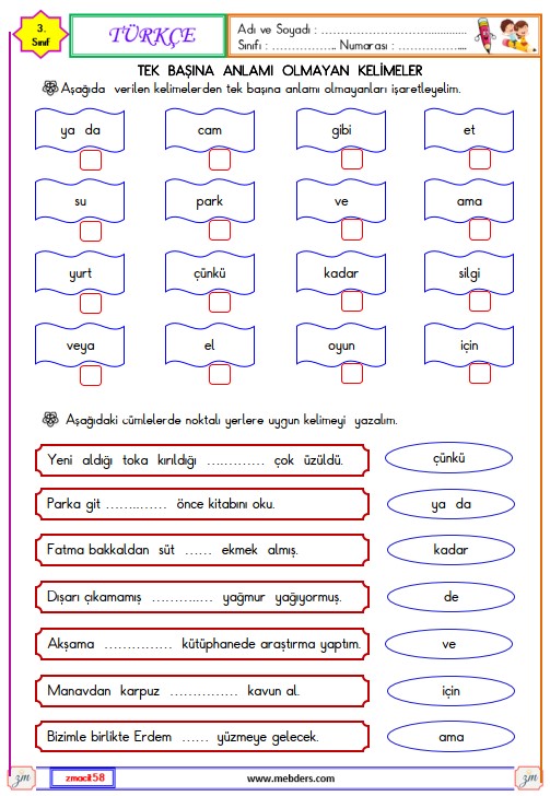 3. Sınıf Türkçe Tek Başına Anlamı Olmayan Kelimeler Etkinliği