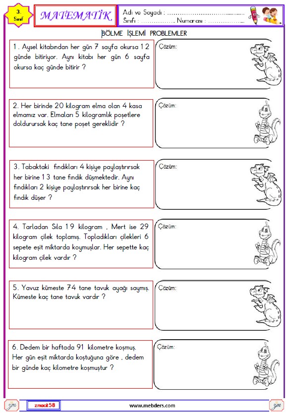 3. Sınıf Matematik Bölme İşlemi Problemler Etkinliği 4