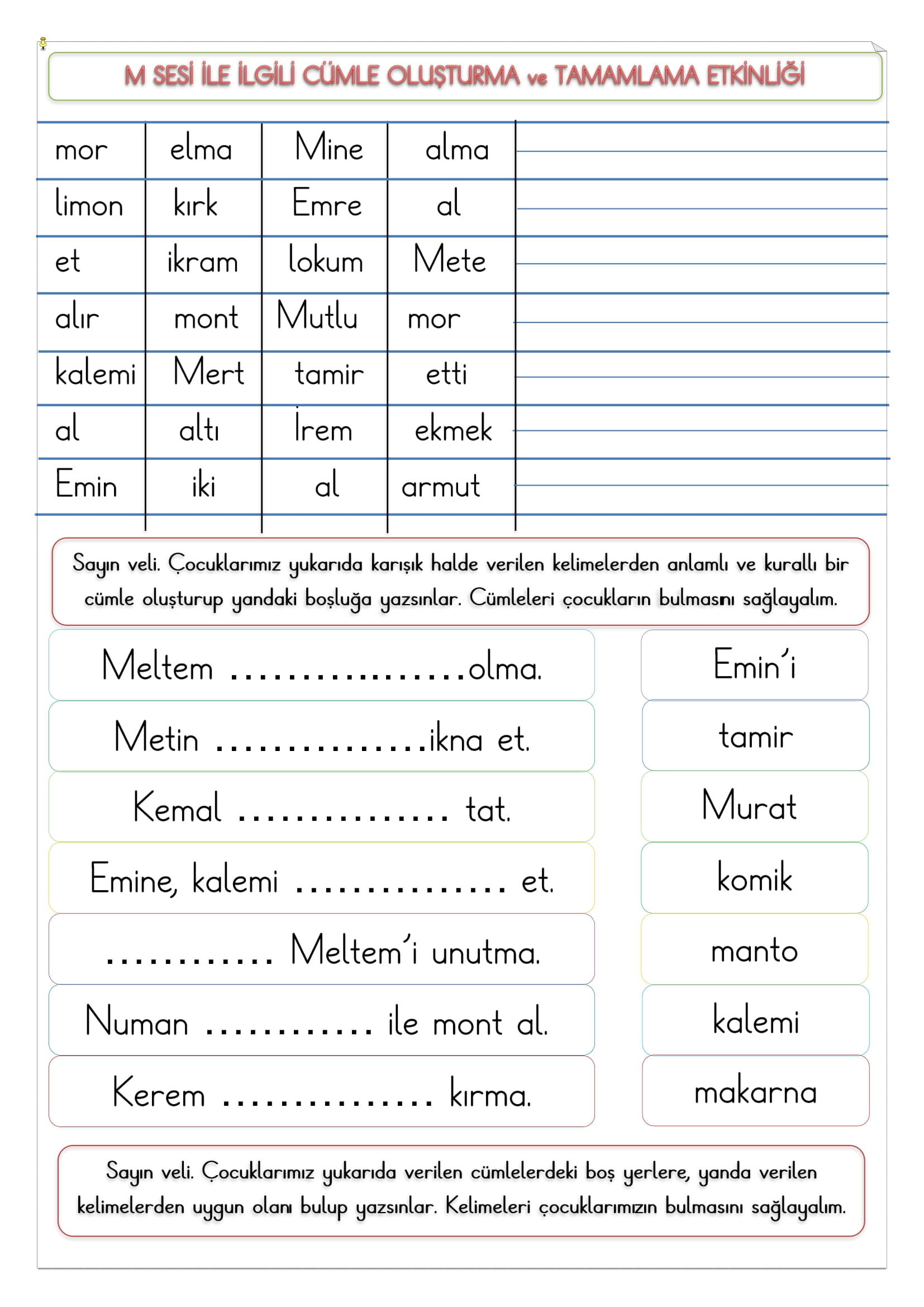 1.Sınıf M Sesi Cümle Oluşturma ve Tamamlama Etkinliği