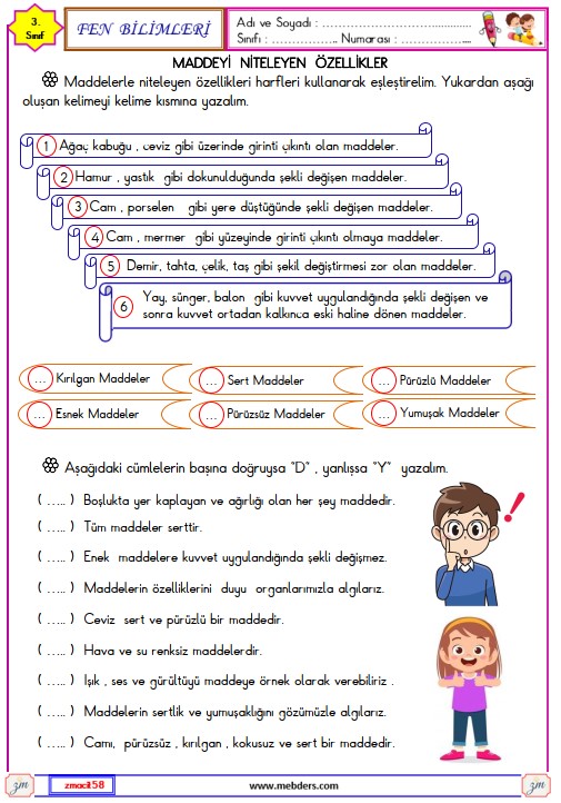 3. Sınıf Fen Bilimleri Maddeyi Niteleyen Özellikler Etkinliği 4