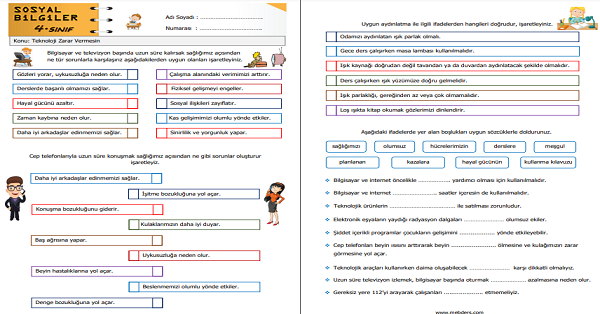 4.Sınıf Sosyal Bilgiler Teknoloji Zarar Vermesin Etkinliği