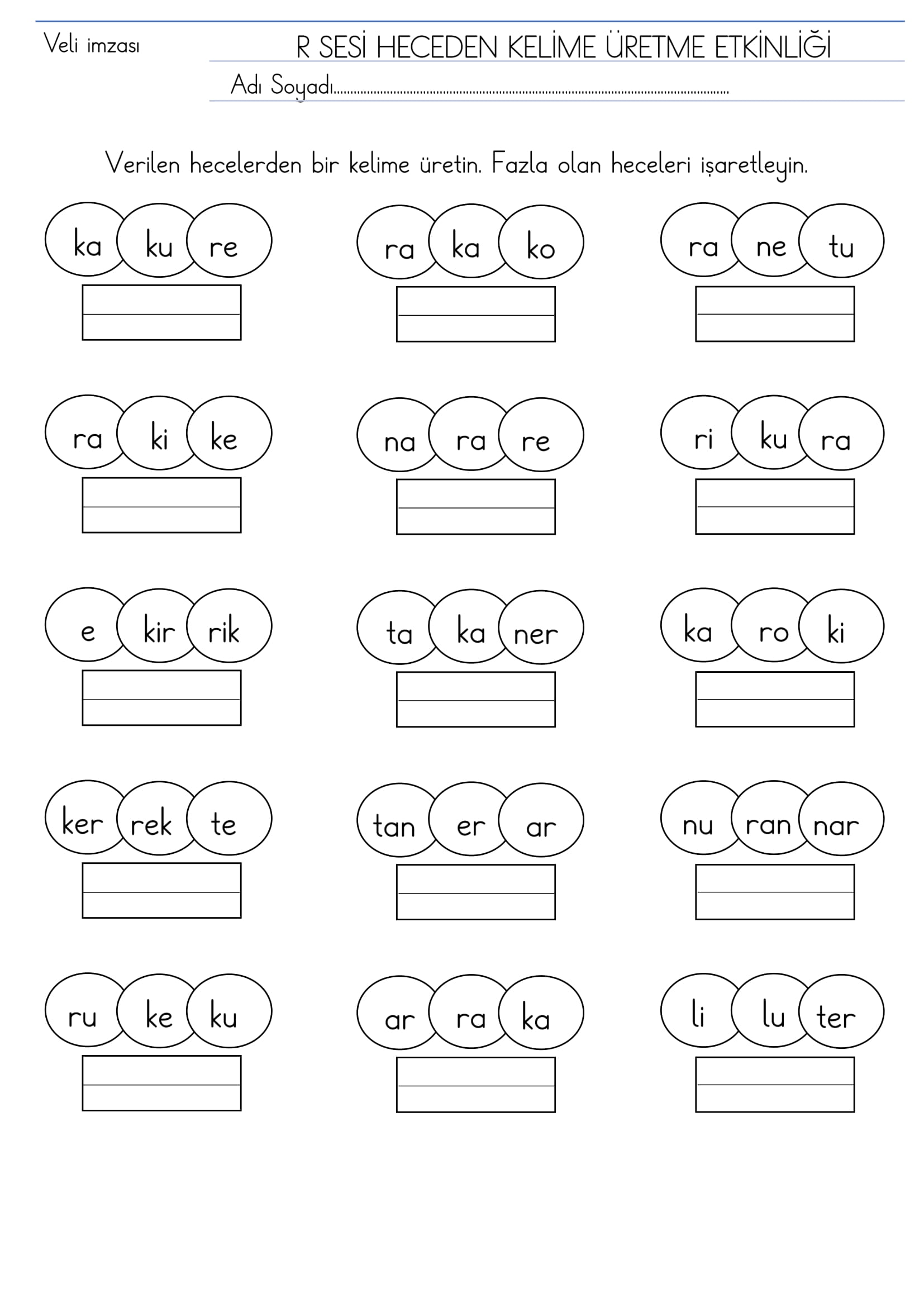 1.Sınıf R Sesi Heceden Kelime Üretme Etkinliği