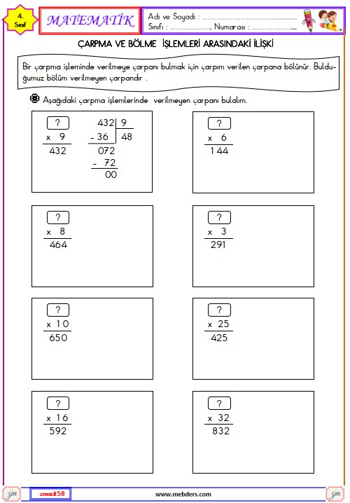 4. Sınıf Matematik Çarpma  ve  Bölme İşlemleri Arasındaki İlişki Etkinliği 2