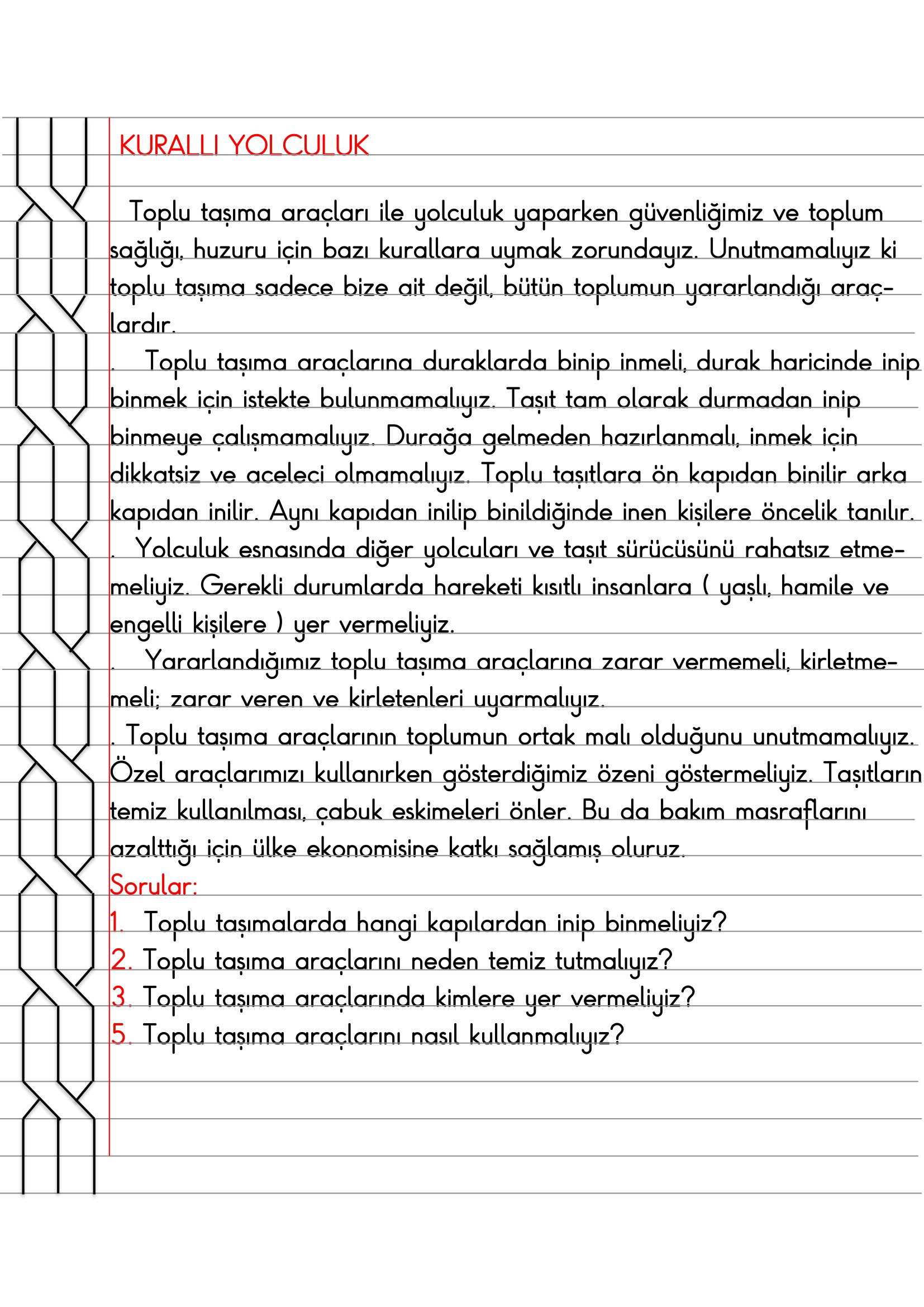 4.Sınıf Trafik Güvenliği Kurallı  Yolculuk Defter Özeti